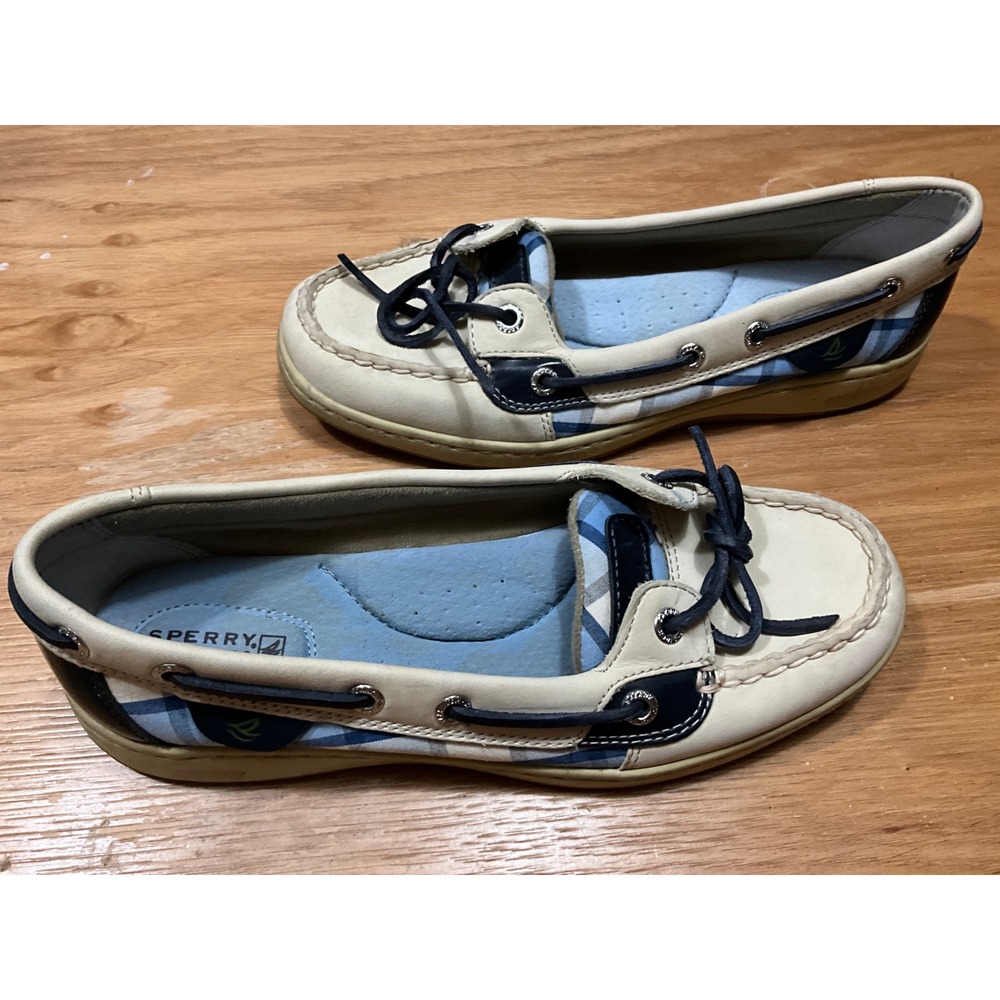 Sperry Top-Sider Women 7.5 M Blue Plaid Cream Leather Boat Shoes 9102989 Loafers